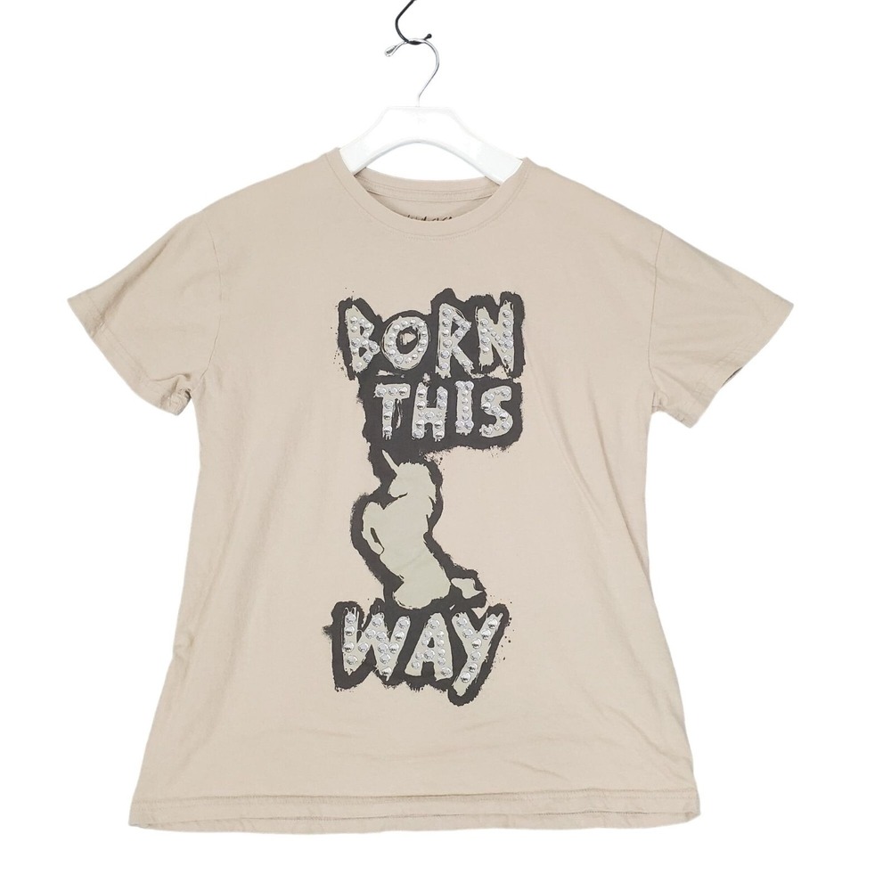 Lady Gaga Womens Pop Y2K Born This Way Pride Top M Tan Rhinestone Unicorn Merch